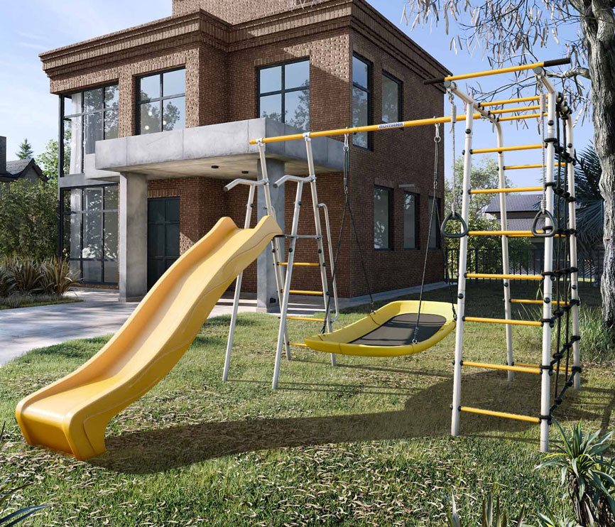 Детский спортивный комплекс для дачи "Богатырь MAX" + качели-лодка, цвет серый/желтый  РА112