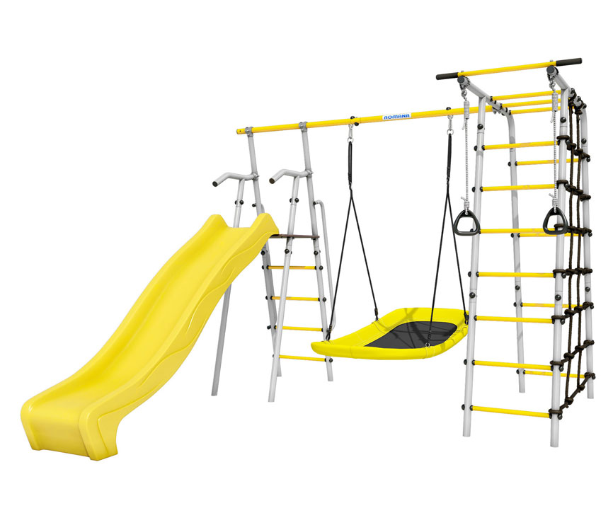 Детский спортивный комплекс для дачи "Богатырь MAX" + качели-лодка, цвет серый/желтый  РА112