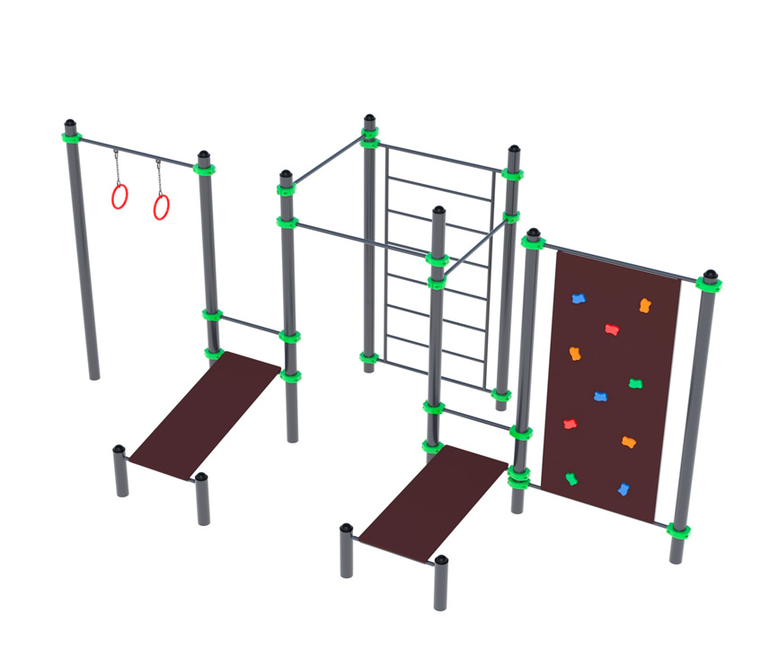 Спортивный комплекс для воркаута с турниками, кольцами, скамьями и модулем для скалолазания 0.94 ДВ418