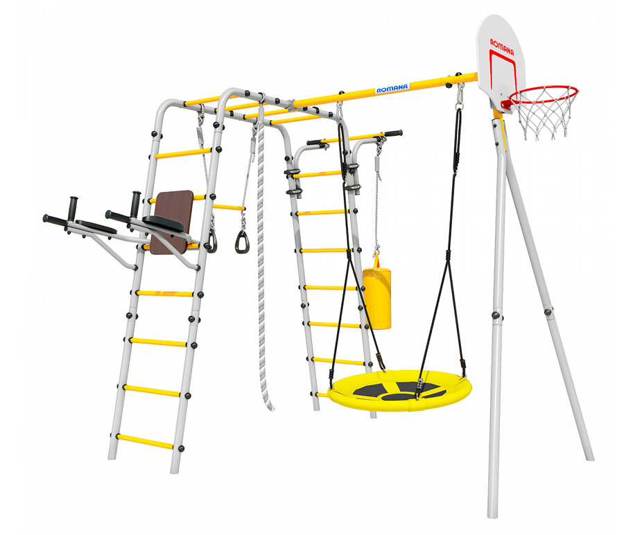 Спортивный комплекс для дачи "Фитнес" + качели-лодка, желтый/серый РА87