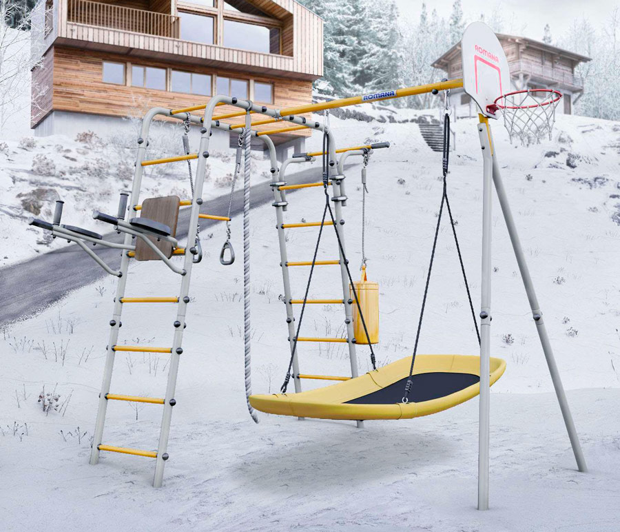 Спортивный комплекс для дачи "Фитнес" + качели-лодка, желтый/серый РА87