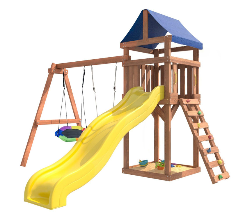 Детский комплекс с качелями гнездом гексагон , пластиковыми качелями, горкой и песочницей  OG-67
