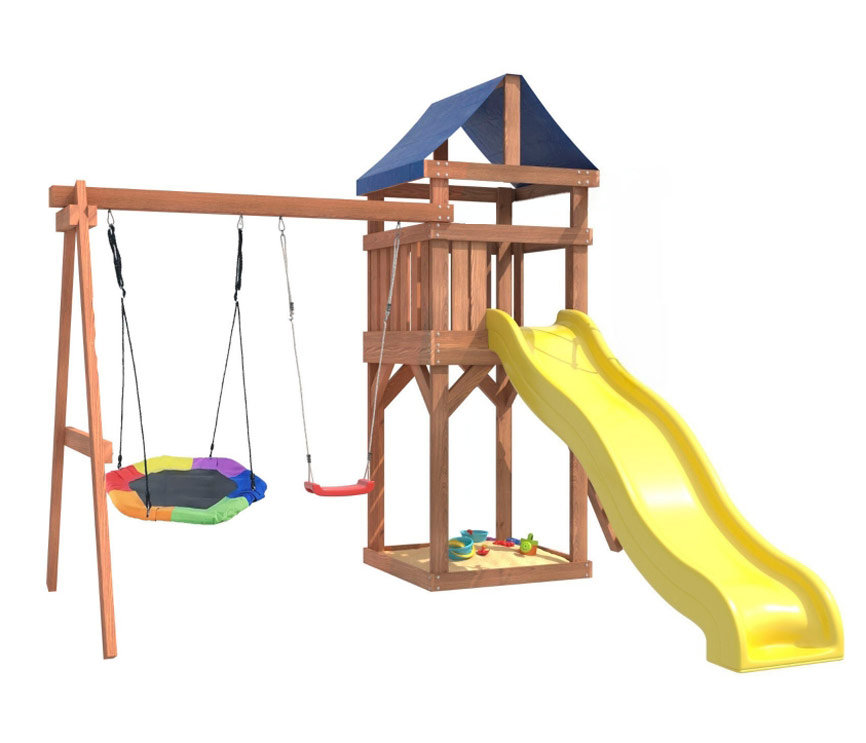 Детский комплекс с качелями гнездом гексагон , пластиковыми качелями, горкой и песочницей  OG-67
