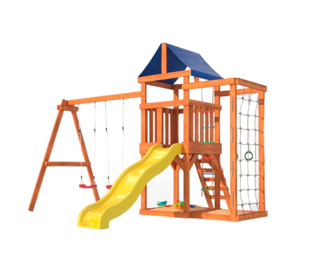 Игровой комплекс с горкой, песочницей, сеткой и двойными качелями OG-58