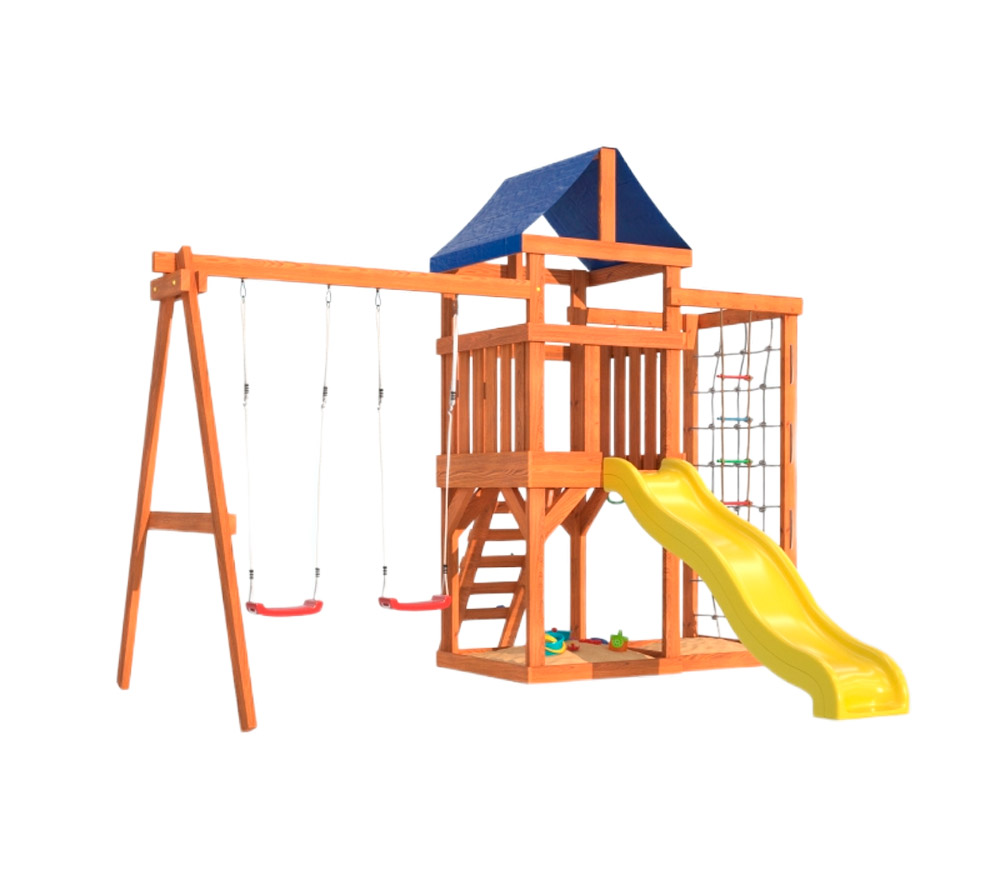 Игровой комплекс с горкой, песочницей, сеткой и двойными качелями OG-58