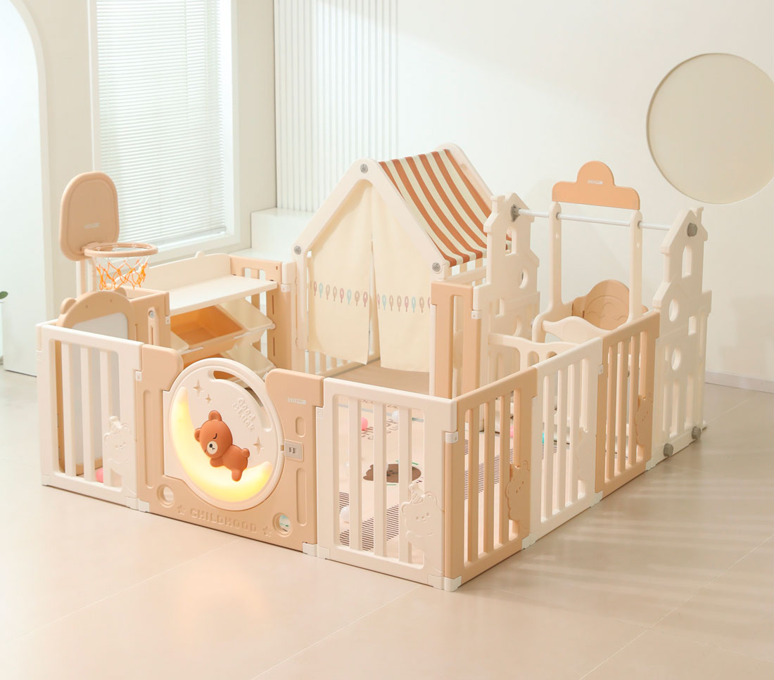 Манеж детский "Делюкс" с игровым домиком, баскетбольной стойкой, доской для рисования, качелями + место для хранения игрушек, размер 180 x 200 см, цвет бежевый UN-21