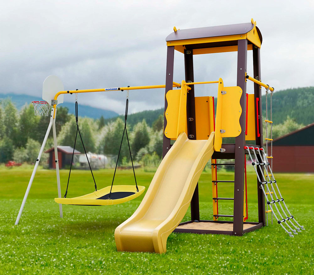 Детский спортивный комплекс для дачи Избушка с горкой, качелями, баскетбольным кольцом и сеткой PA835