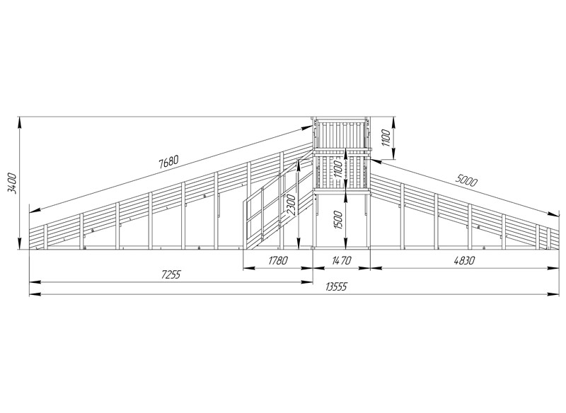 Зимняя горка деревянная Cавушка Зима 7/1, скат h1 = 1,5 м, h2 = 2,3 м СВ-52