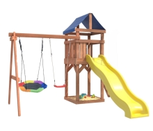 Детский комплекс с качелями гнездом гексагон , пластиковыми качелями, горкой и песочницей  OG-67