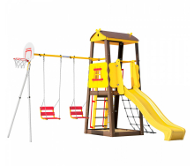 Детский спортивный комплекс для дачи Избушка с горкой, качелями, баскетбольным кольцом и сеткой PA835