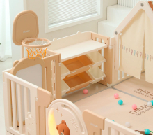 Манеж детский "Делюкс" с игровым домиком, баскетбольной стойкой, доской для рисования, качелями + место для хранения игрушек, размер 180 x 200 см, цвет бежевый UN-21