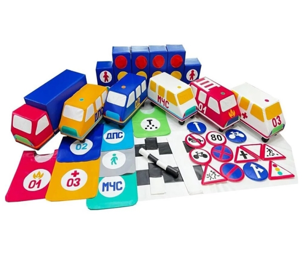 Набор мягких модулей "Правила ПДД, Главная дорога", 6 машинок на колесах ЛА582