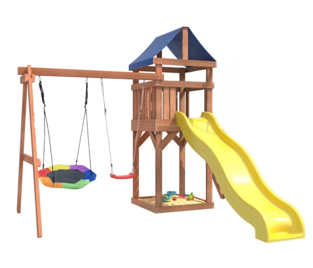 Детский комплекс с качелями гнездом гексагон , пластиковыми качелями, горкой и песочницей  OG-67