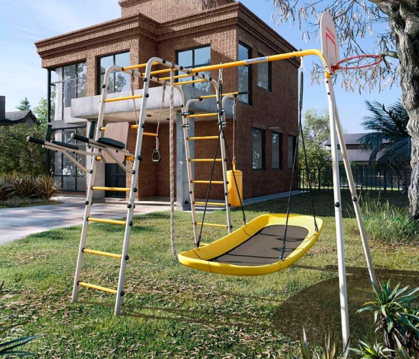 Спортивный комплекс для дачи "Фитнес" + качели-лодка, желтый/серый РА87