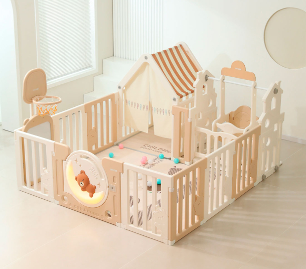 Манеж детский "Делюкс" с игровым домиком, баскетбольной стойкой, доской для рисования, качелями размер 180 x 200 см, цвет бежевый UN-22